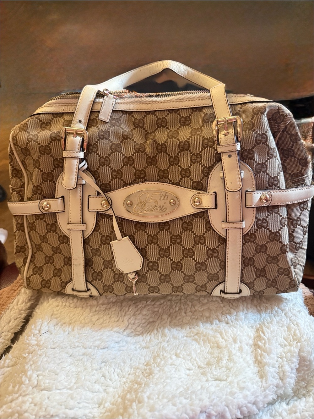Gucci Beige GG Monogram Satchel with Light Pink Leather Trim